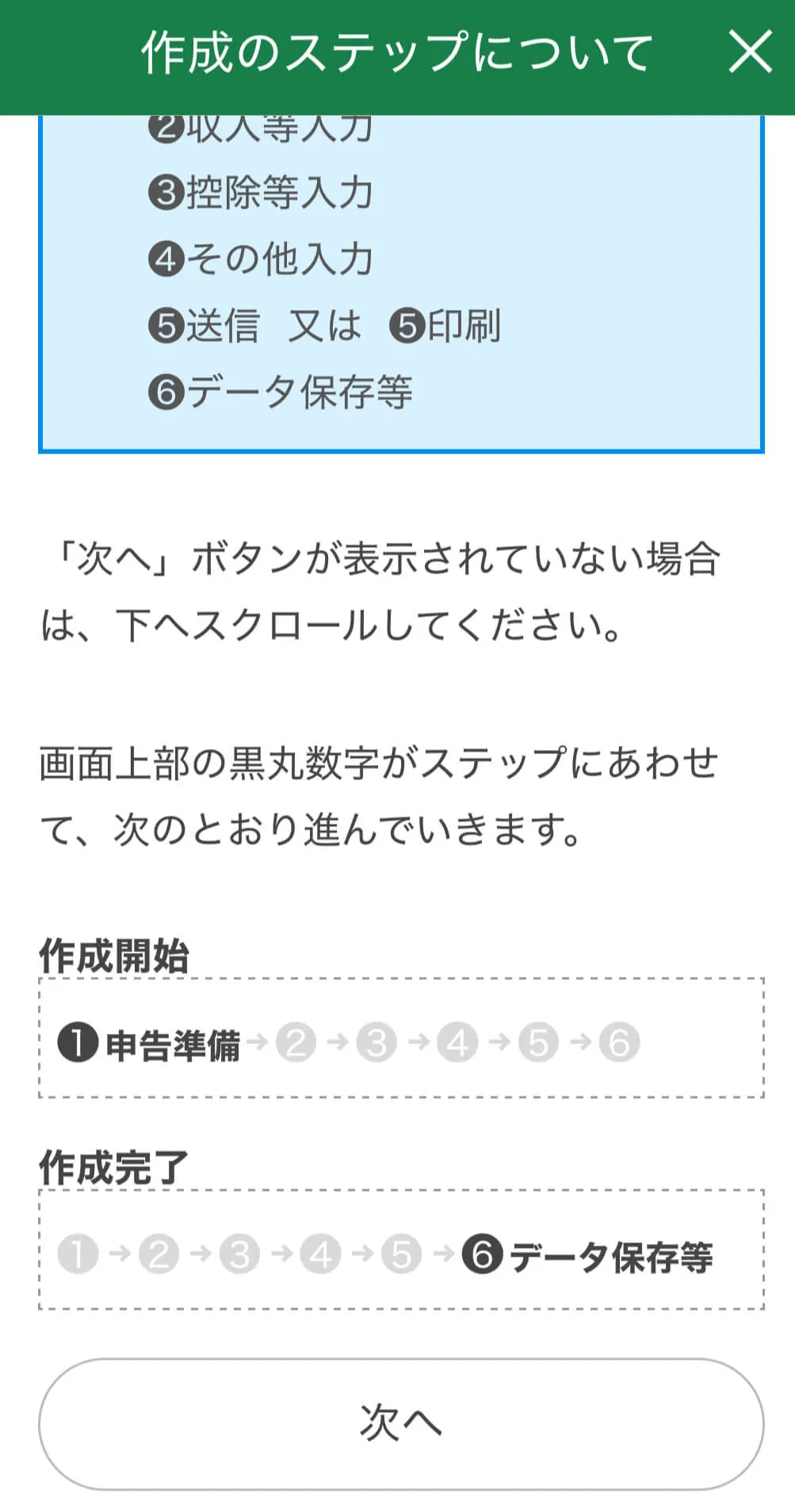 確定申告の作成ステップ画面