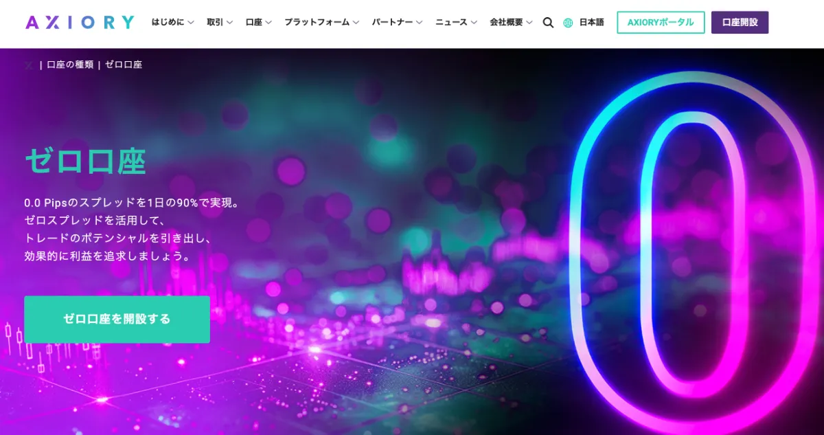 AXIORYは新登場ゼロ口座で主要通貨ペアの90%の時間帯が0pipsと評判