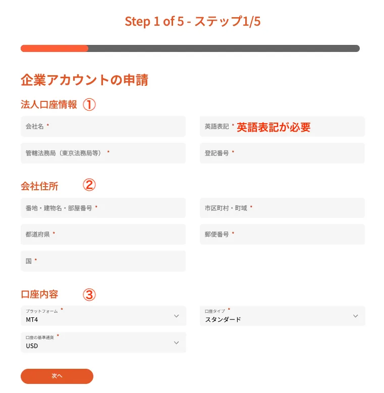 法人口座開設の企業アカウント入力画面