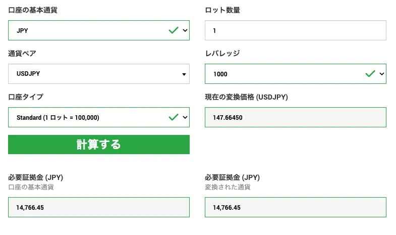 XMの証拠金計算ツールを使って計算した画面